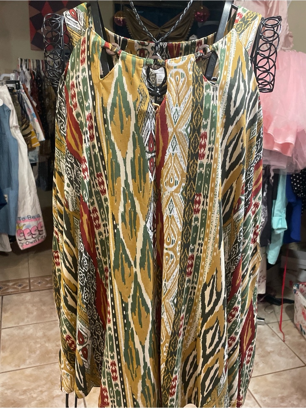 Boho Ikat Print Sleeveless blouse - Mustard, Green & Red